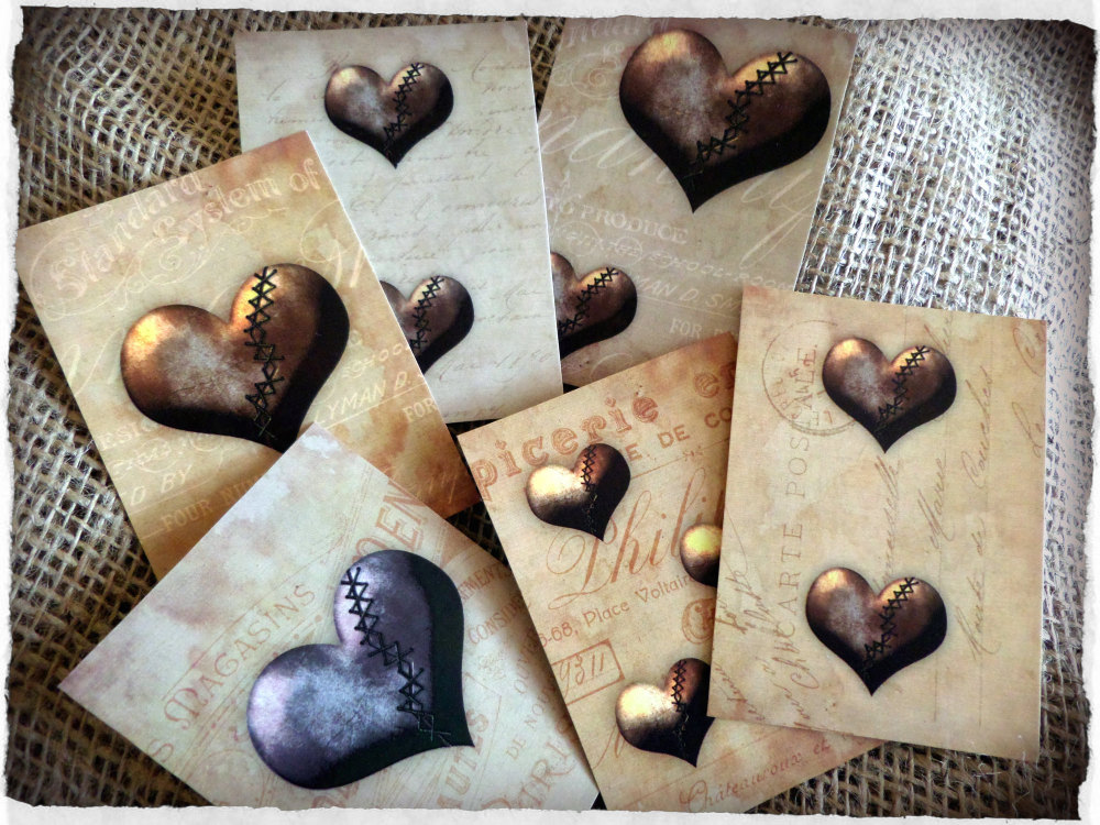 Set of Six Vintage Steampunk Hearts Style Tags/Toppers/Embellishments