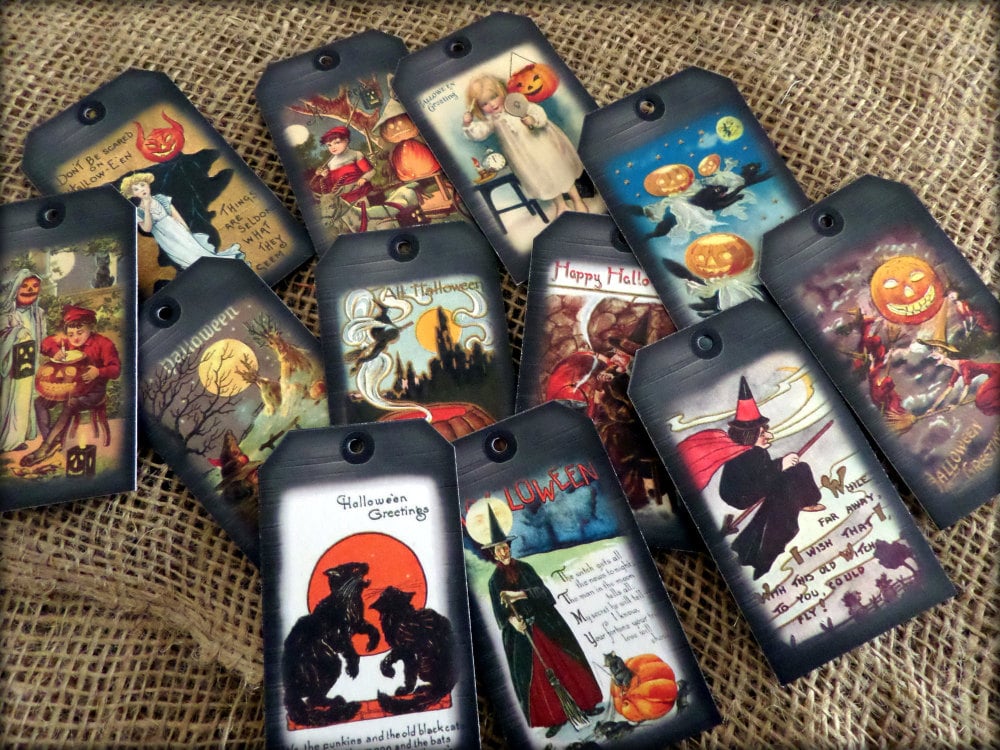 12 Halloween Themed Vintage Style Gift Tags