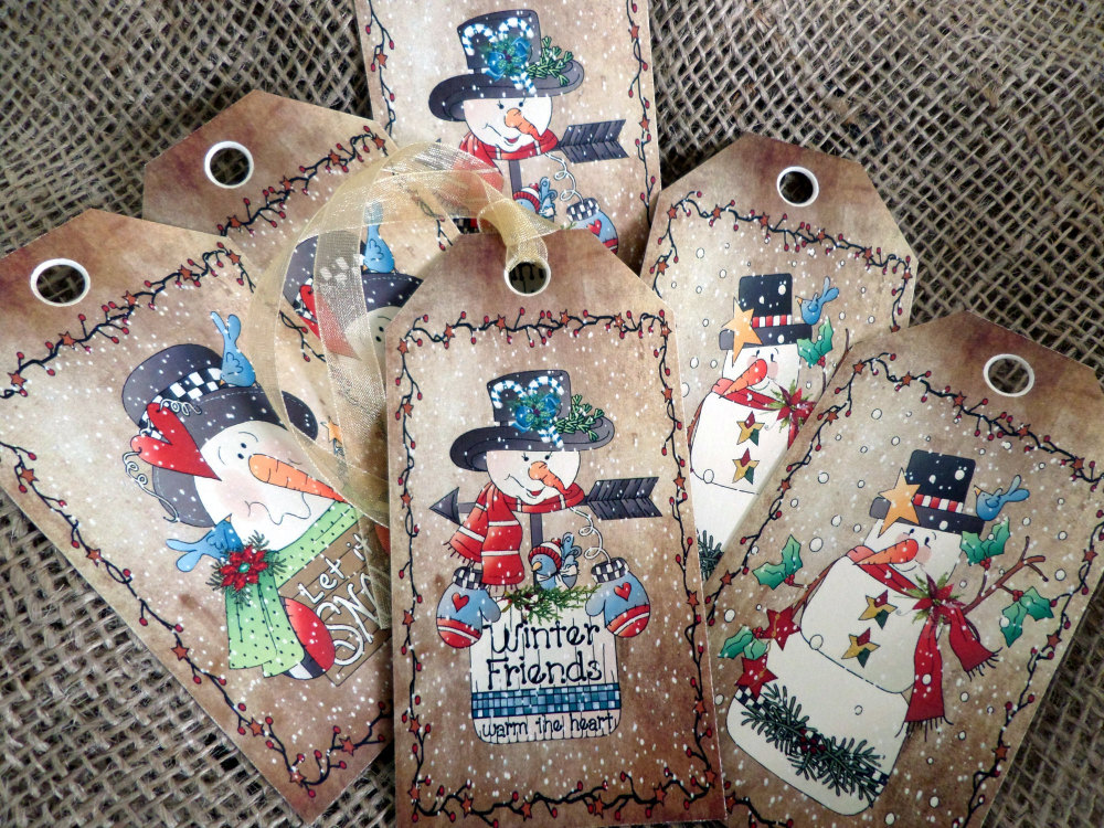 Set of 6 Large Primitive 'Winter Friends' Snowmen Christmas Gift Tags and Ribbon