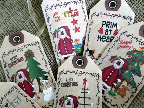 Set of 6 Large Primitive 'I Love Snow' Christmas Gift Tags With Ribbon