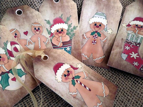 Set of 6 Large Primitive Gingerbread Man Christmas Gift Tags With Ribbon