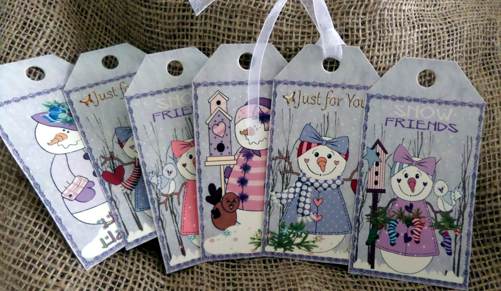 Set of 6 Large Primitive 'Snow Friends' Christmas Gift Tags With Ribbon