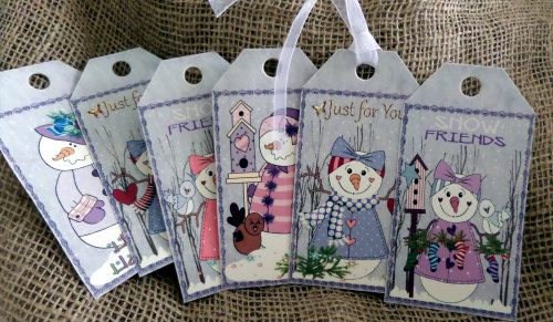 Set of 6 Large Primitive 'Snow Friends' Christmas Gift Tags With Ribbon