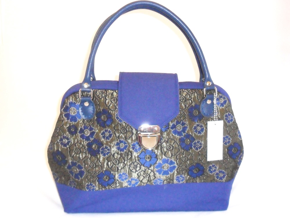 Handmade carpet bag style handbag with leather handles