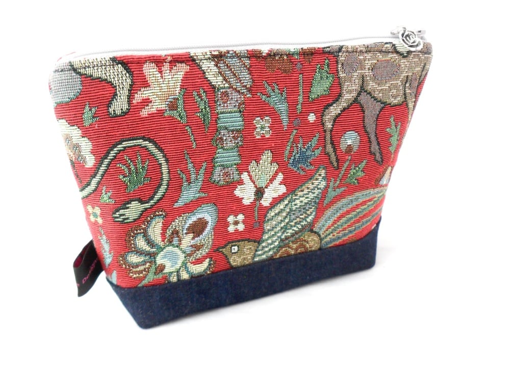 Red tapestry fabric makeup bag