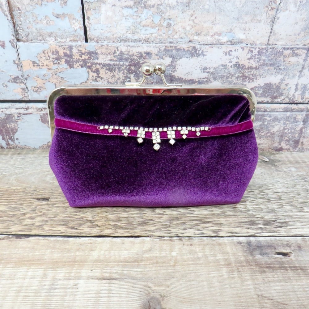 Purple velvet evening bag with vintage trim