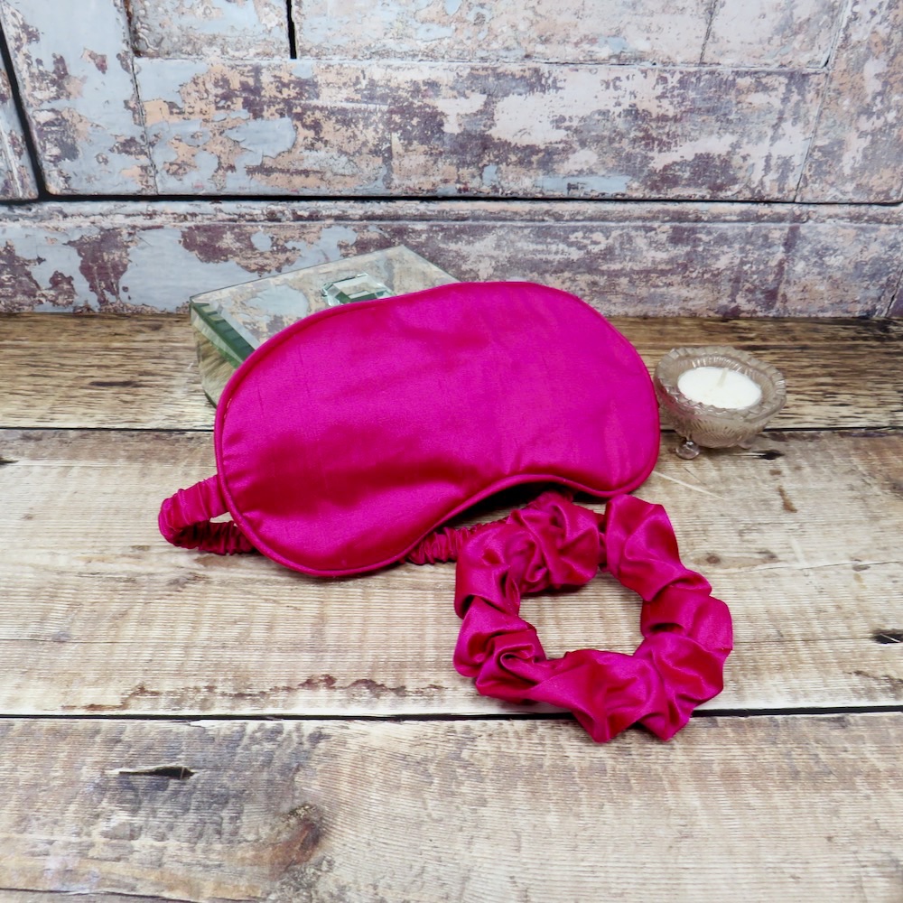 Cerise silk eye mask and scrunchie set