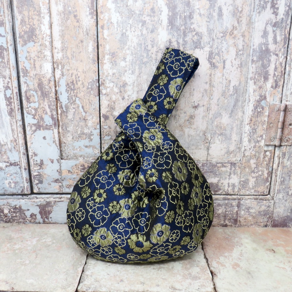 Blue and gold brocade Japanese knot bag