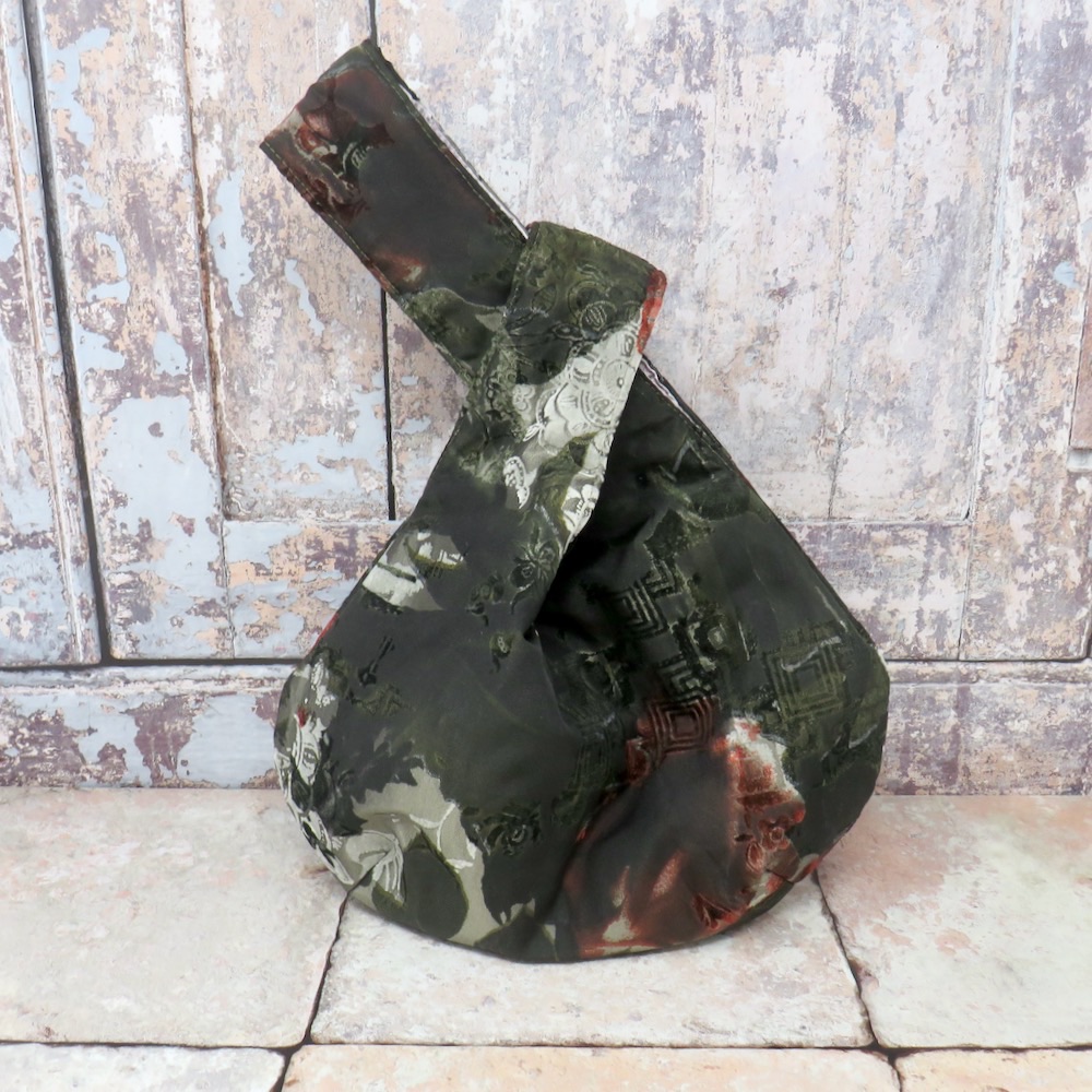 Green floral brocade Japanese knot bag