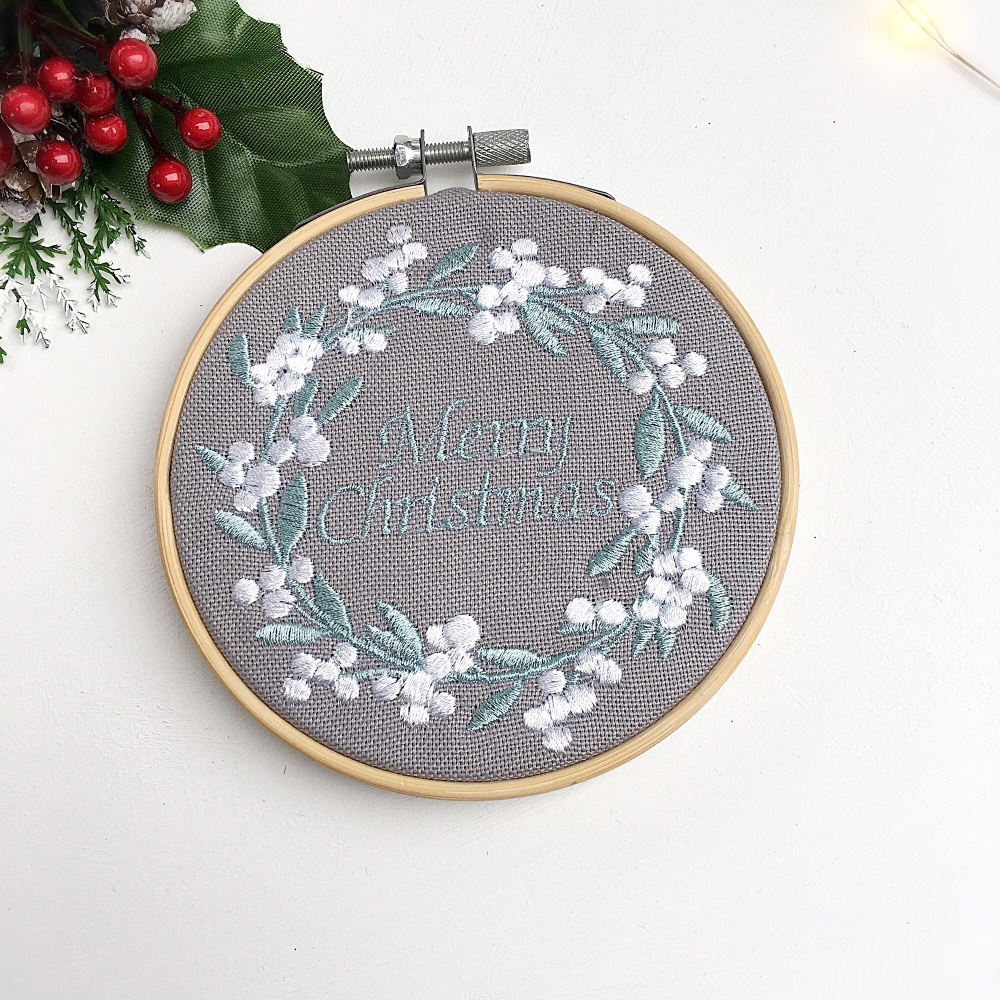Embroidered Christmas Hoop - grey & white