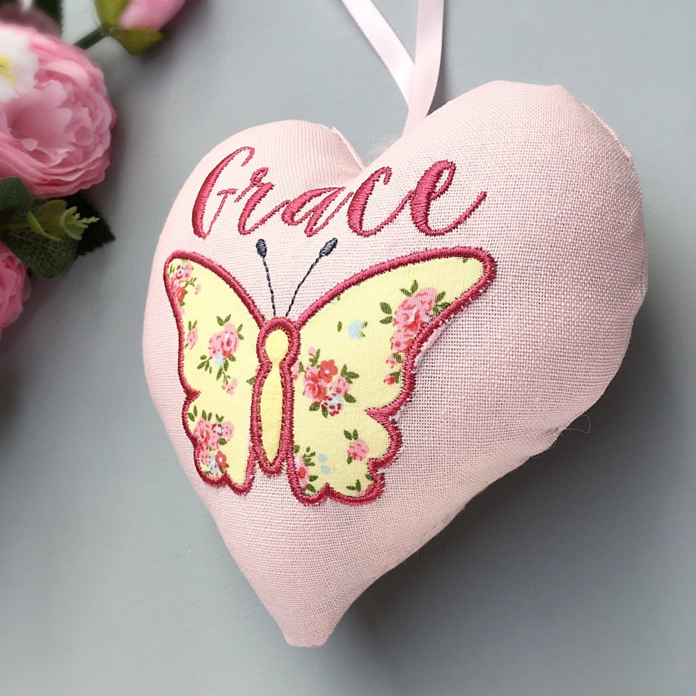 Pink Butterfly Embroidered Heart