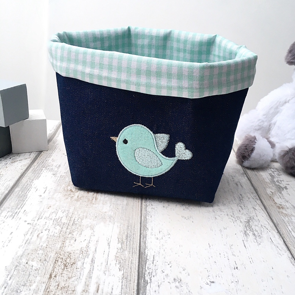  Fabric Basket with bird embroidery & Mint Green Gingham liner