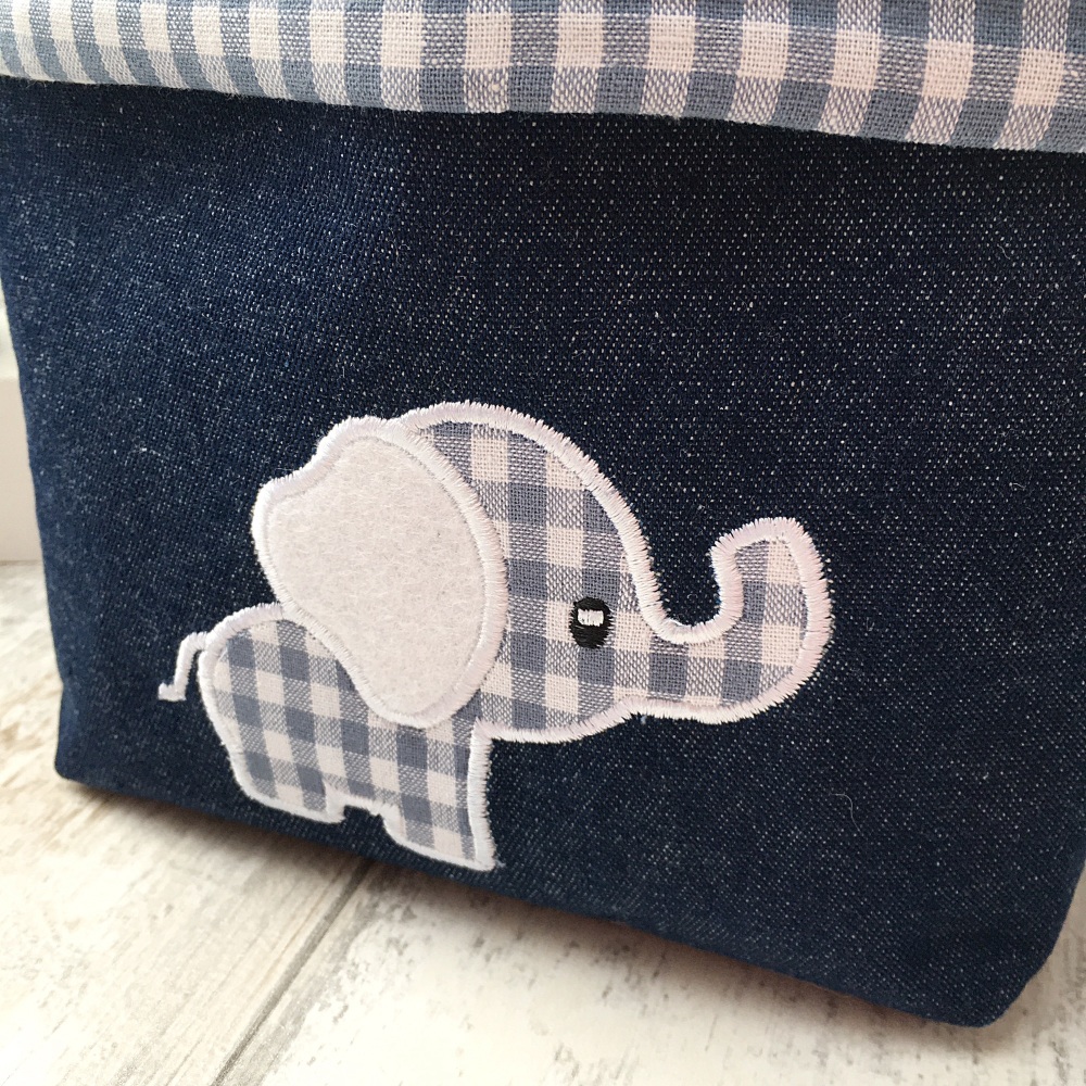 Blue Gingham Elephant Fabric Basket 
