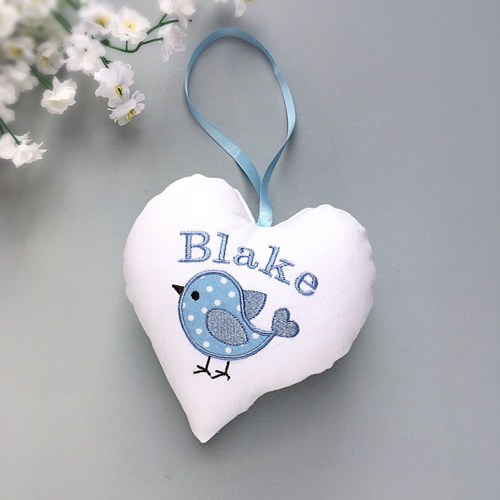 Personalised White  heart with blue bird