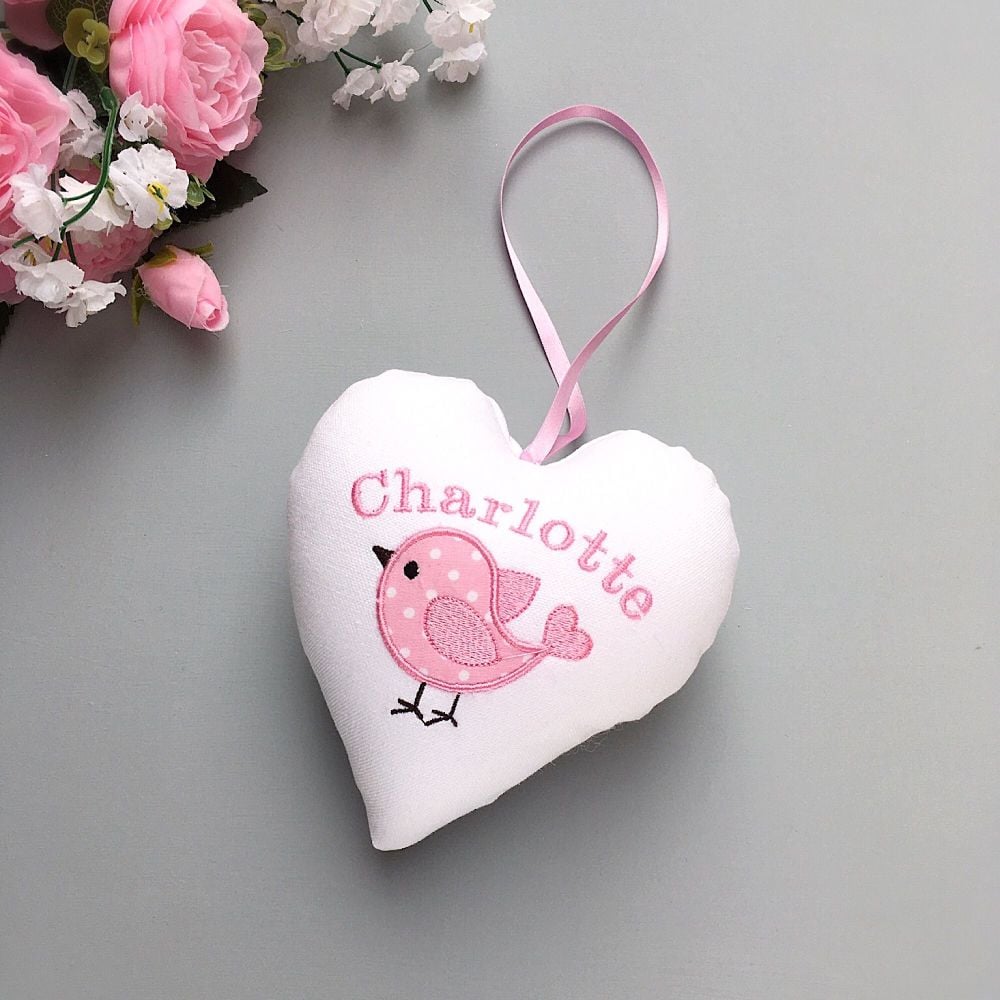 Personalised White heart with pink bird