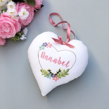 Personalised White Heart with embroidered floral heart