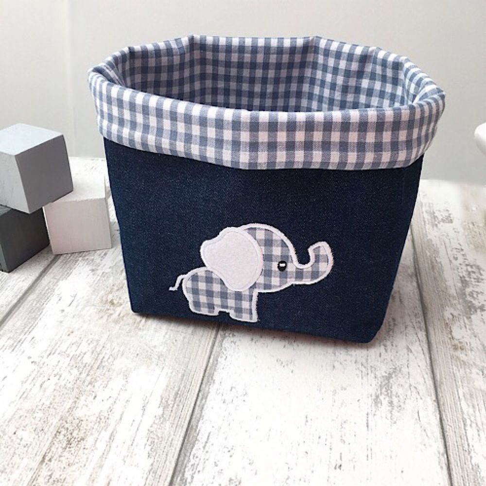 Blue Gingham Elephant Fabric Basket 