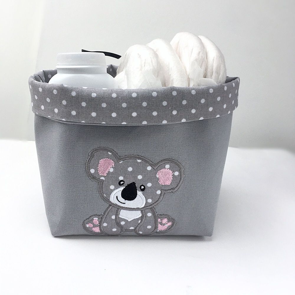  Fabric Basket with koala embroidery & Grey Spot liner