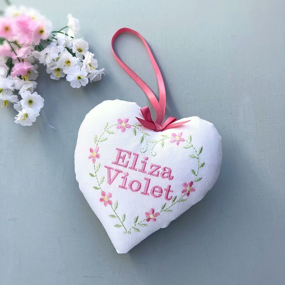 White & Pink Floral Embroidered Heart