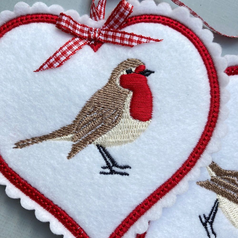 Pair of Embroidered Christmas Robin Felt Hearts
