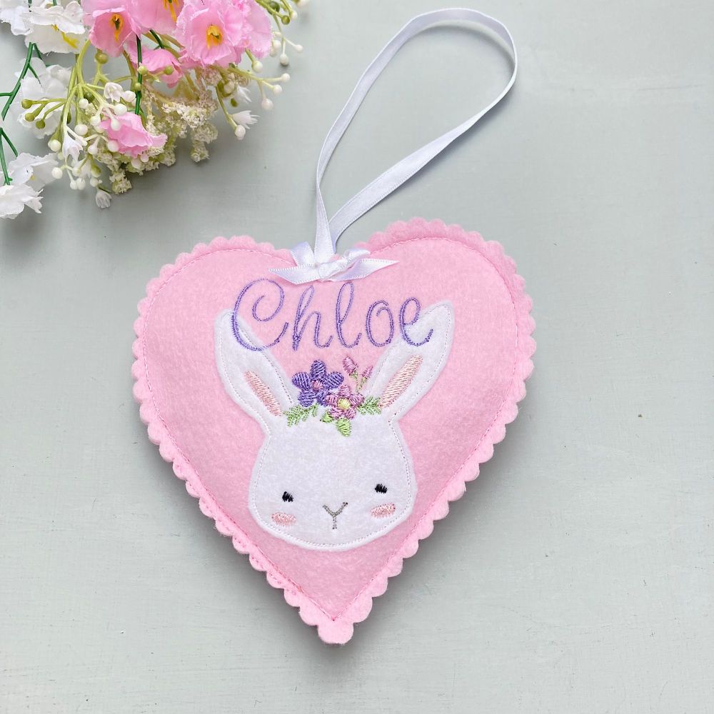 Personalised Embroidered Pink  Felt Heart with Bunny