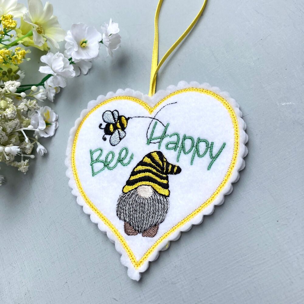 Bee Happy Embroidered Felt Heart