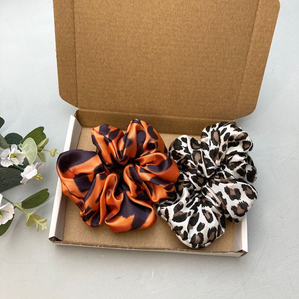 Pair of Animal Print Satin Scrunchies