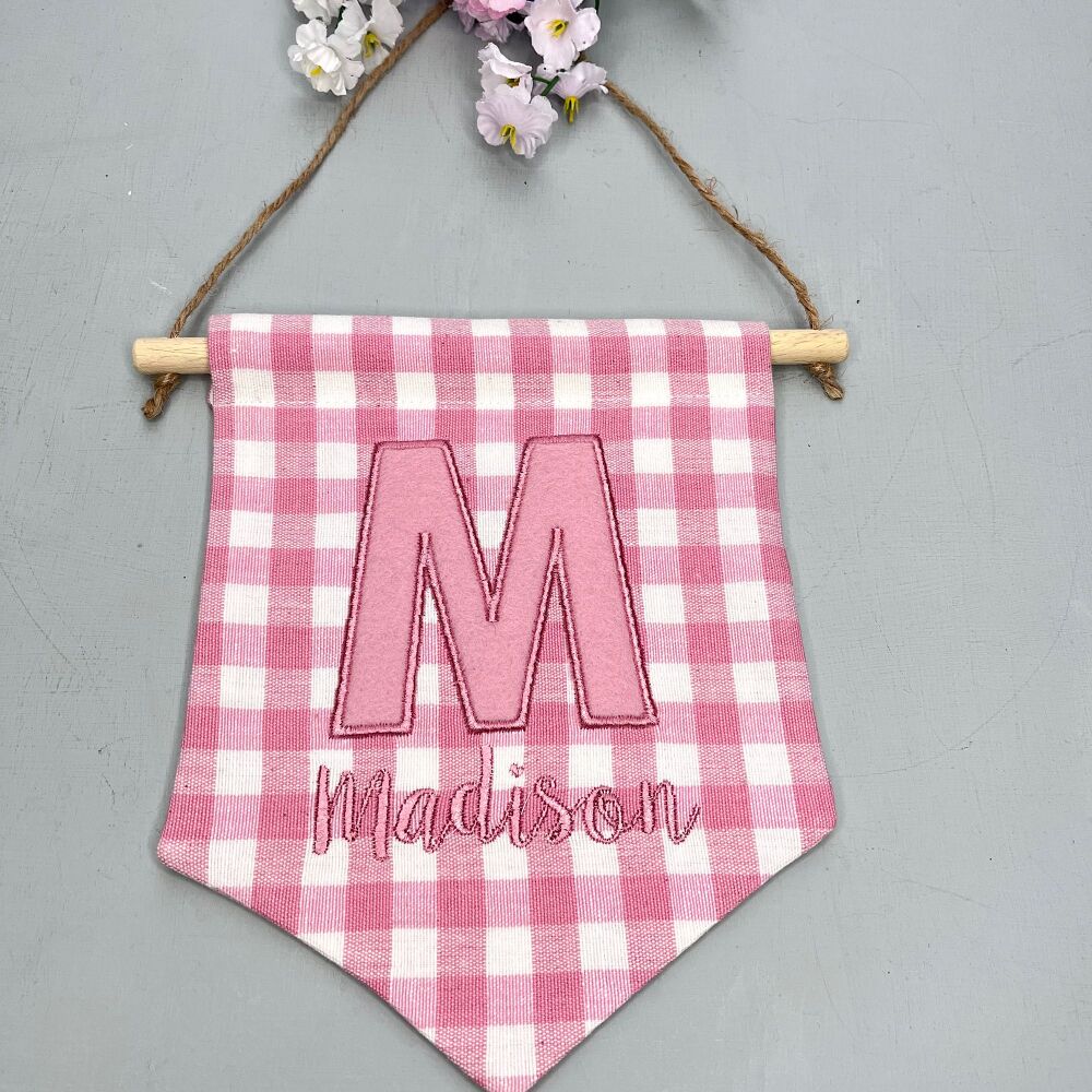 Pink Gingham Personalised Pennant Flag
