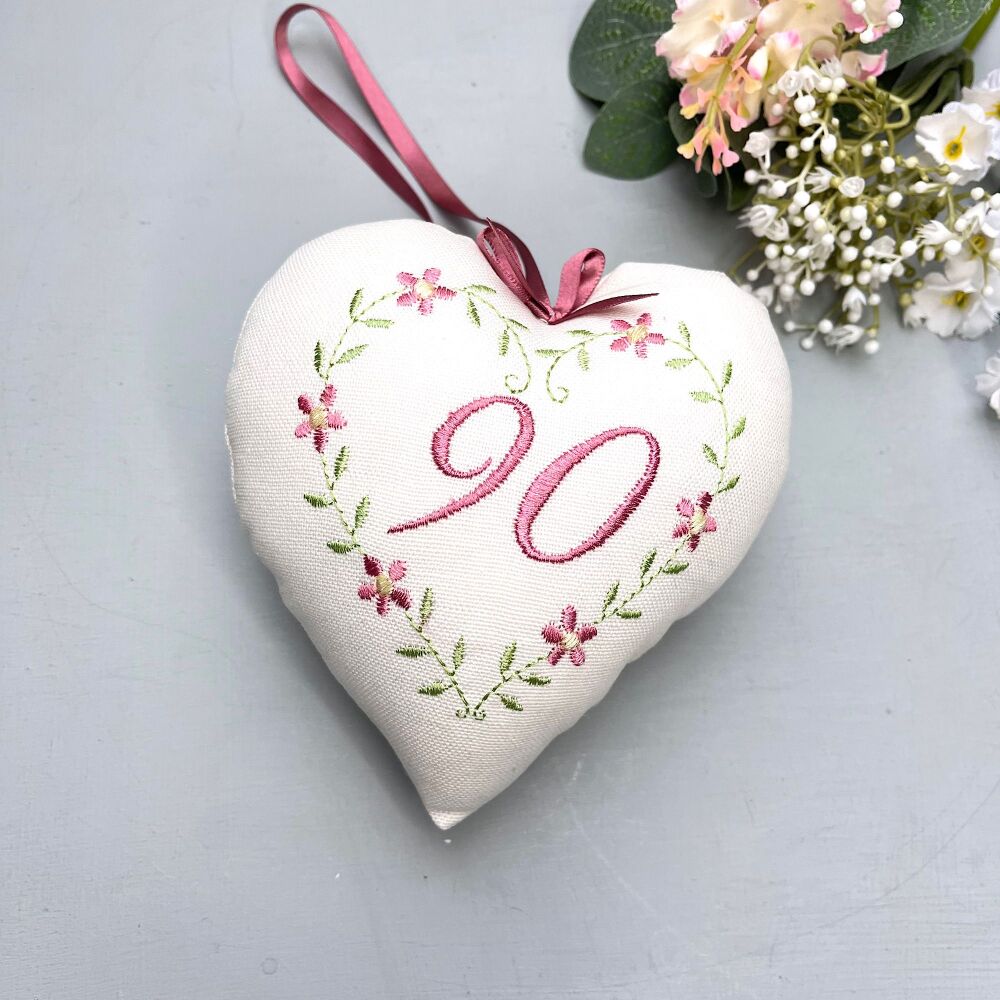 90th Birthday Keepsake  Embroidered Heart