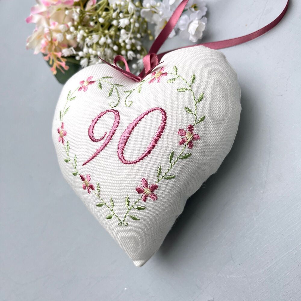 90th Birthday Keepsake  Embroidered Heart