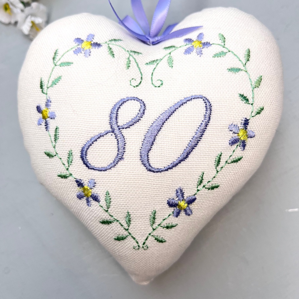 80th Birthday Keepsake  Embroidered Heart