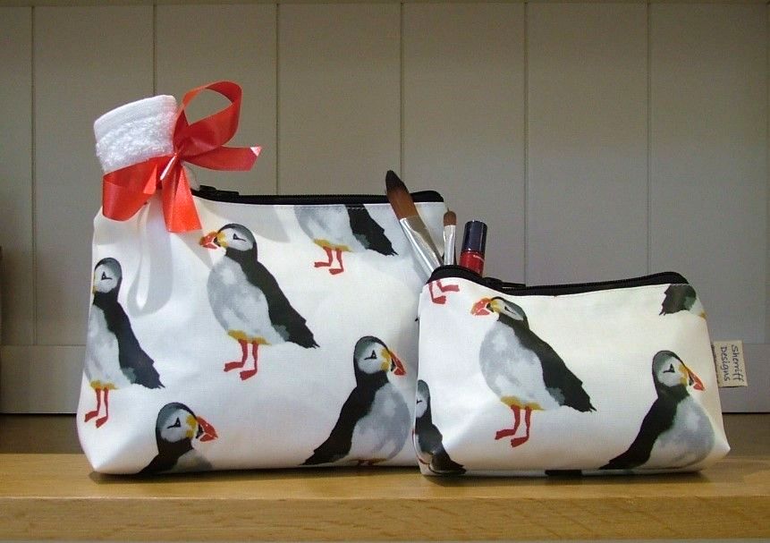 Puffins Birds Oilcloth Wash Bag and Make-up Purse Set