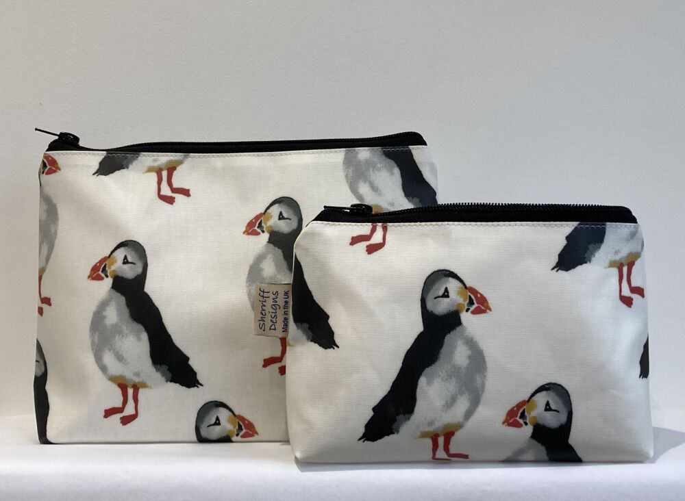 Puffins Birds Oilcloth Wash Bag and Make-up Purse Set