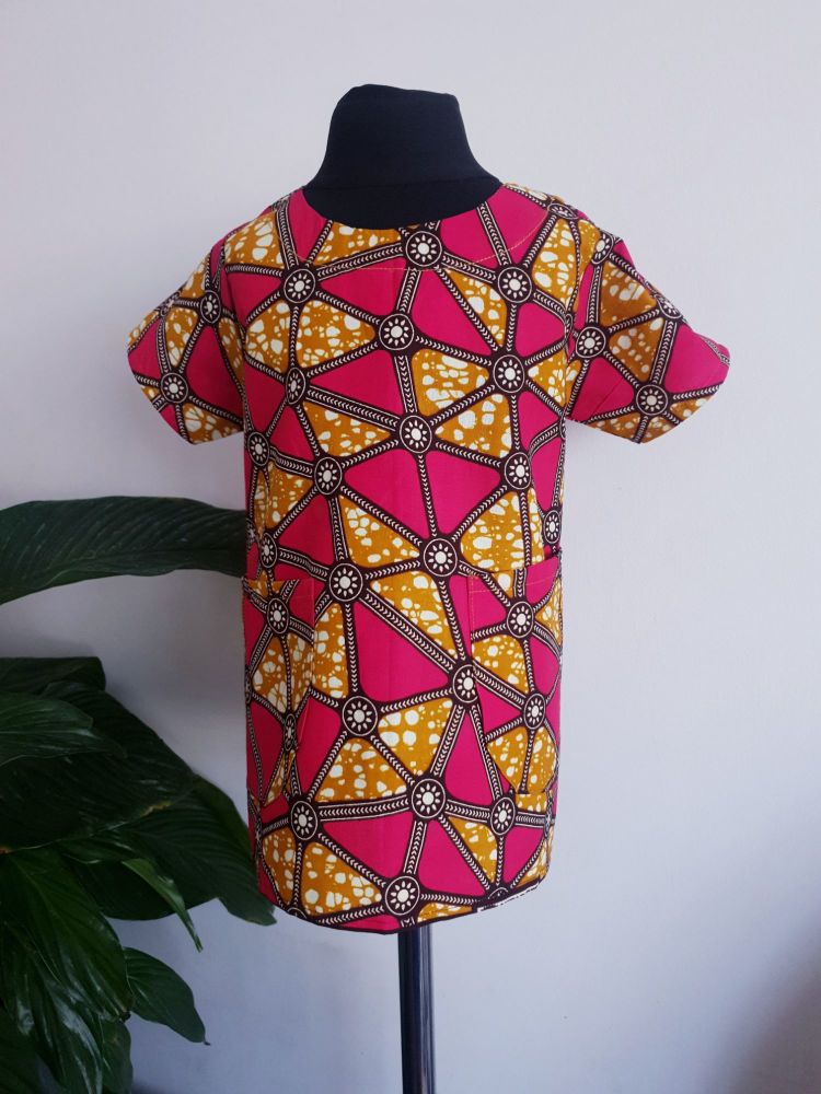 Girls African Print Dress / Pink Squares