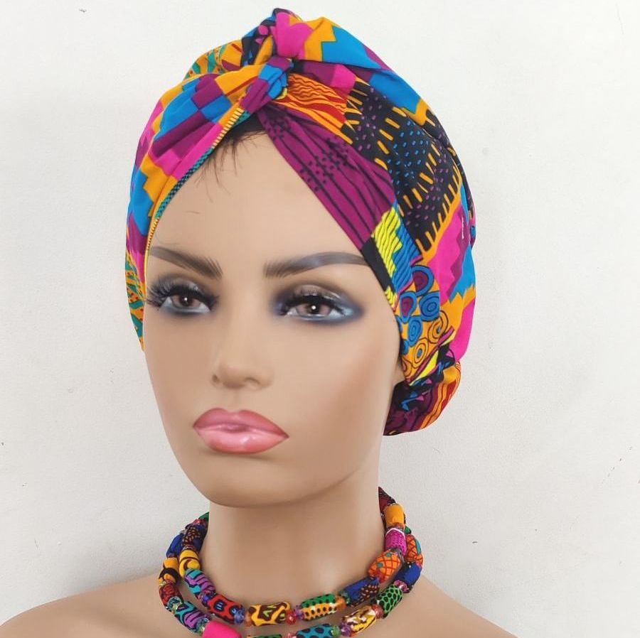 African Print Turban/ Pink Kente 