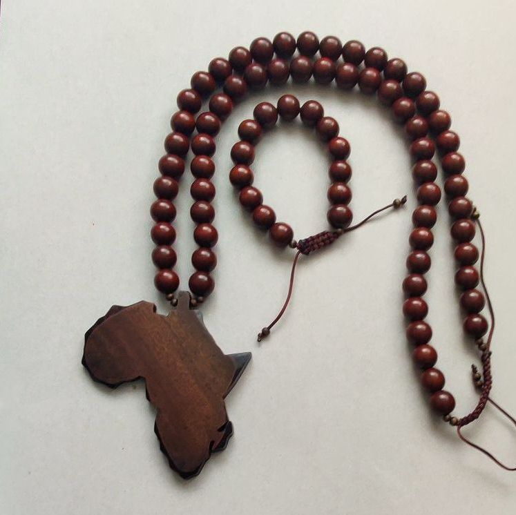 Ebony Wood Beads Necklace with Ankh Pendant with Bracelet Set
