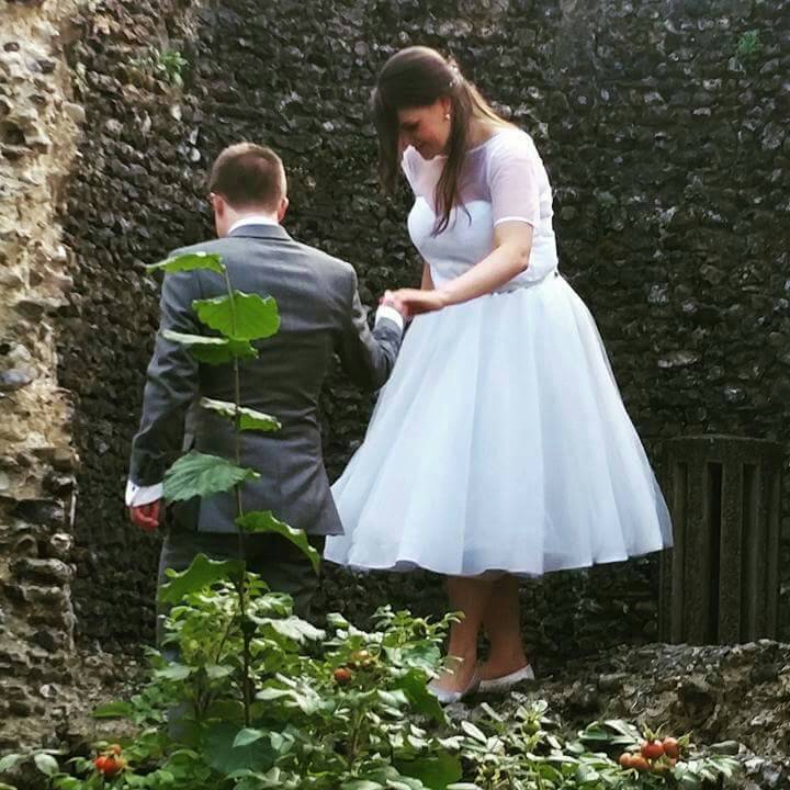 Grey tulle wedding dress tea length