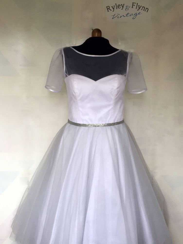 tea length tulle wedding dress with silver belt