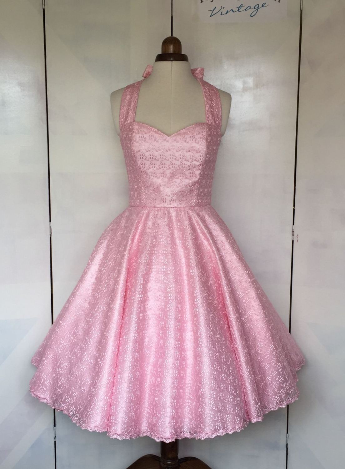 Pink lace halter neck bridesmaid dress