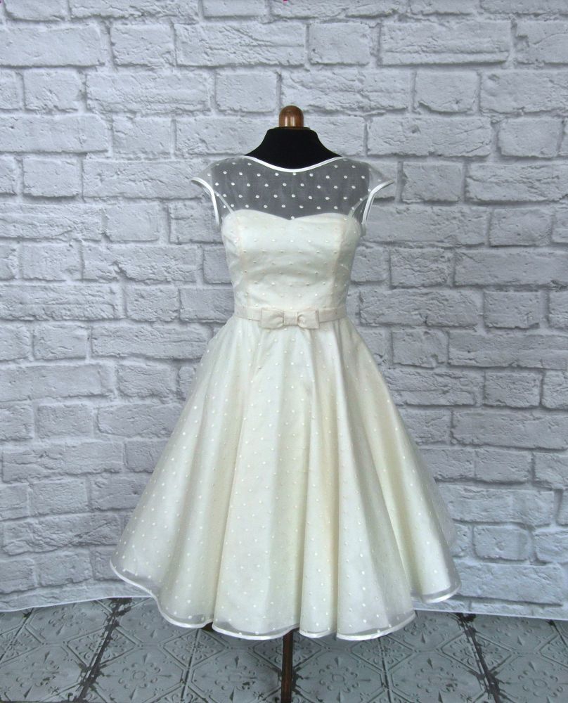 Dotty Silk 1950s Tea Length Wedding Dress