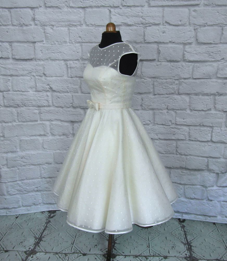 spotty organza tea length wedding gown 1950s