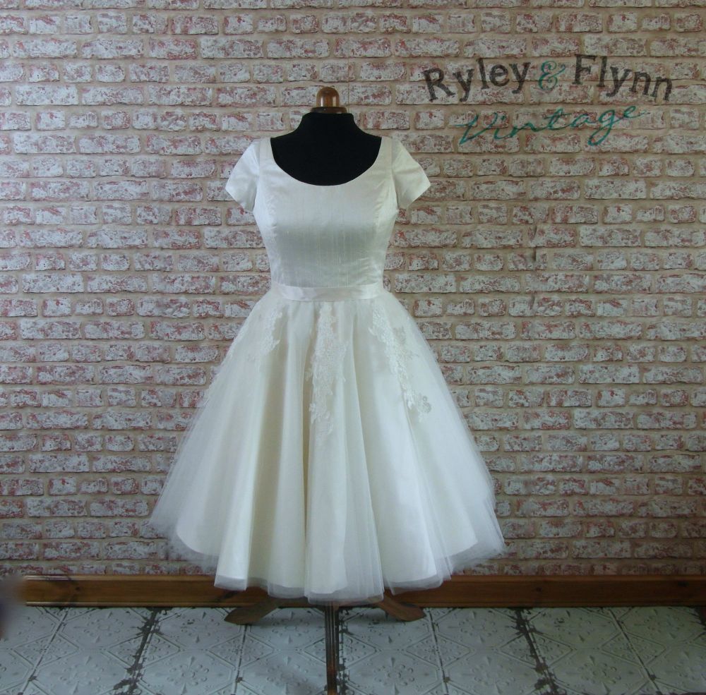 tea length 1950s silk tulle lace applique wedding dress