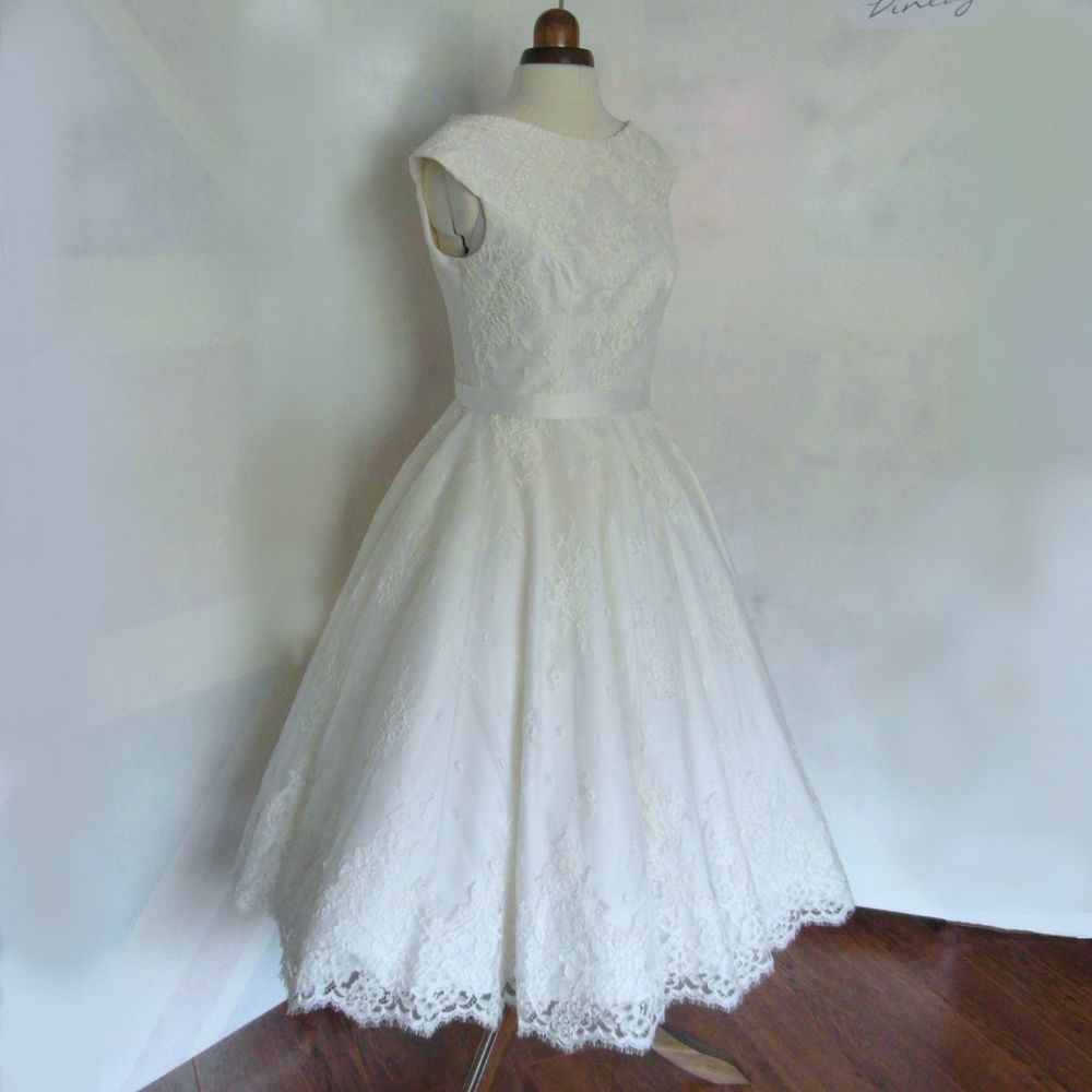 Bridal gown, corded lace overlay tea length wedding dress, Lola-Rose lace