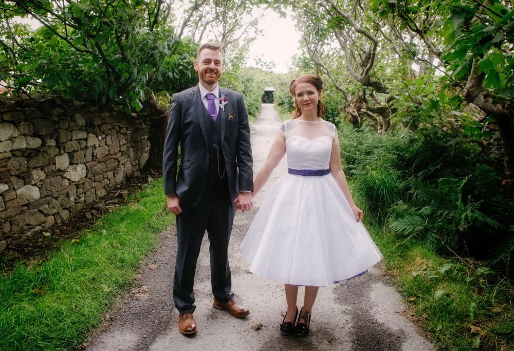 Dotty tea length wedding dress