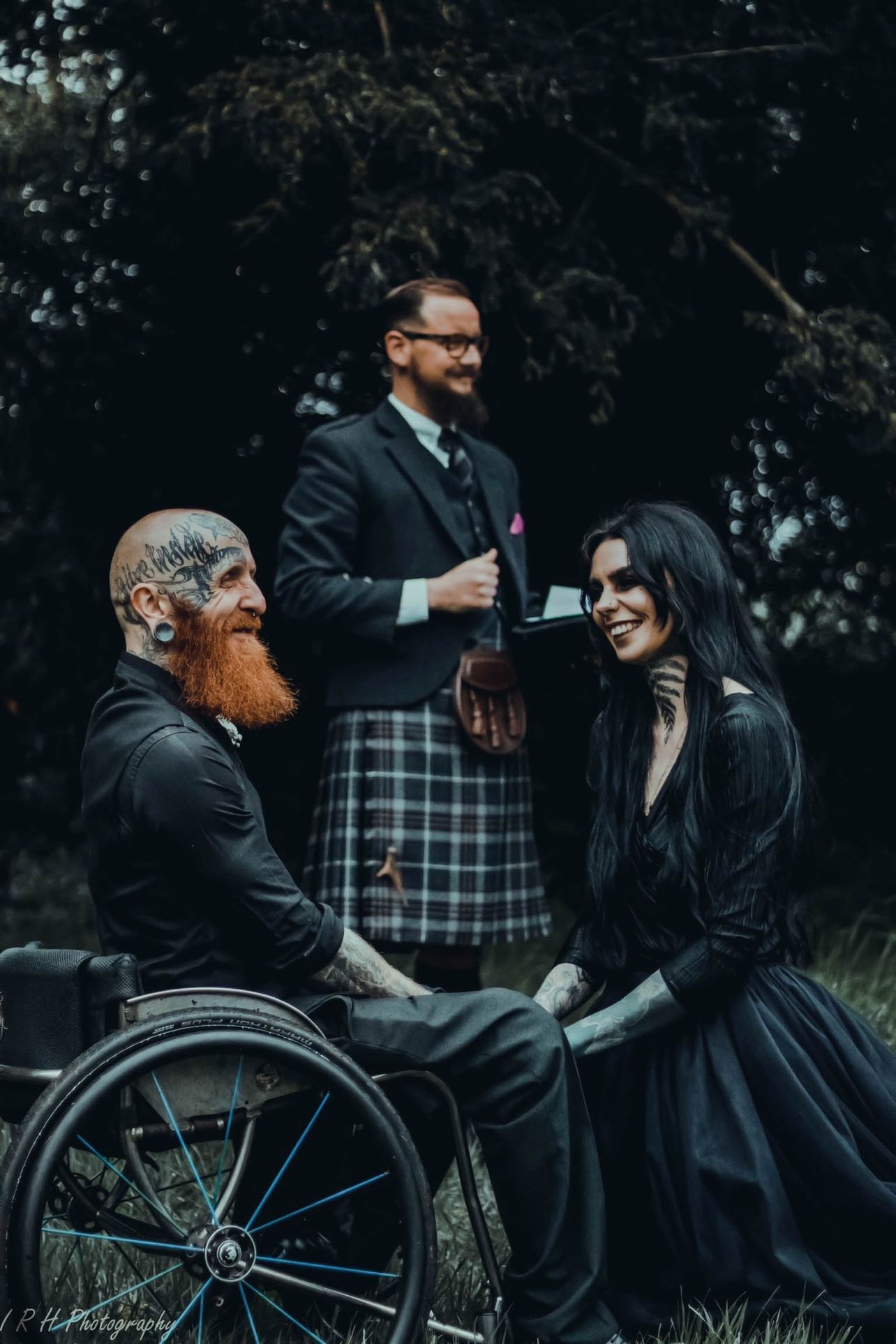 gothic wedding, disabled groom, black wedding dress