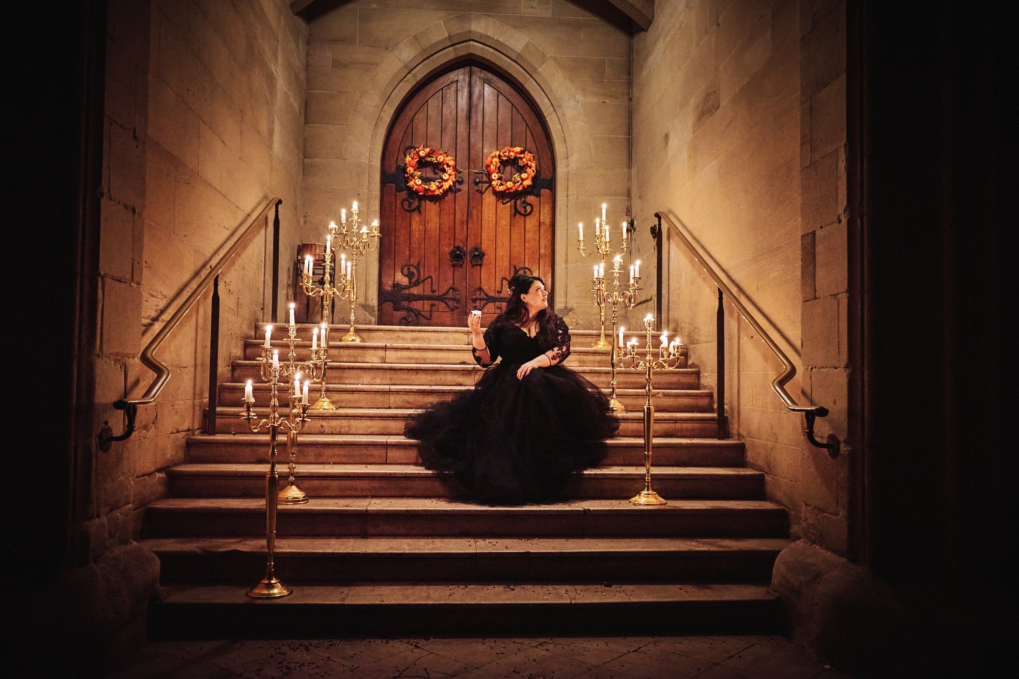 Black wedding dress in castle 