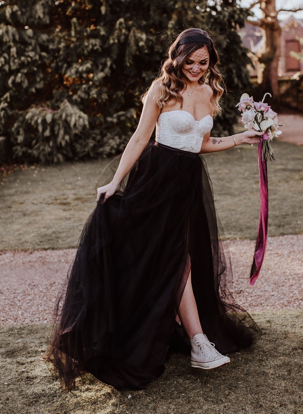 corset wedding dress, black tulle skirt