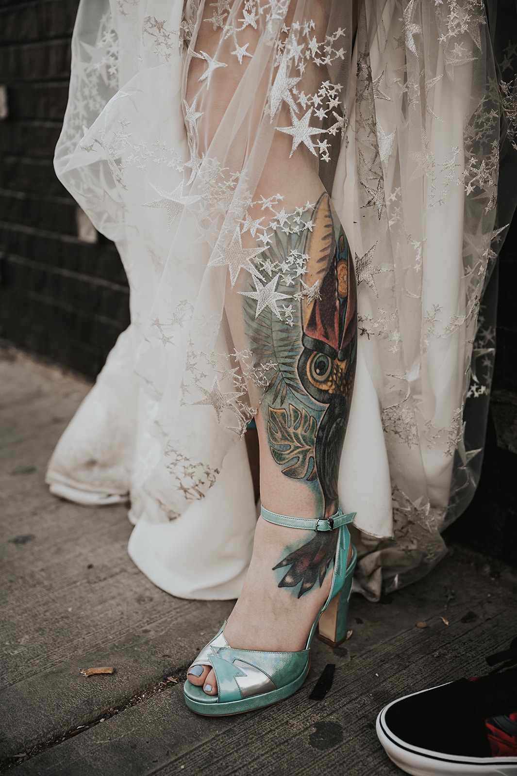 ALternative wedding dress, tattoed bride