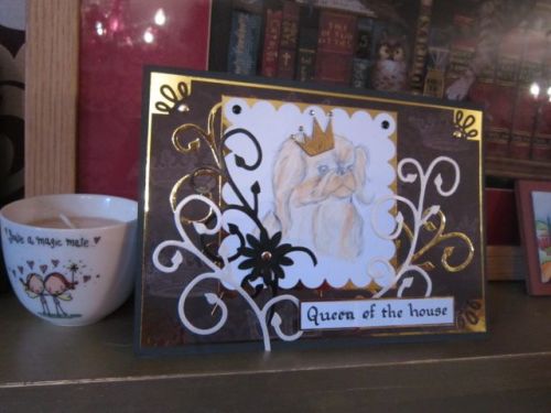 Handmade greeting card with hand coloured Pekingese dog