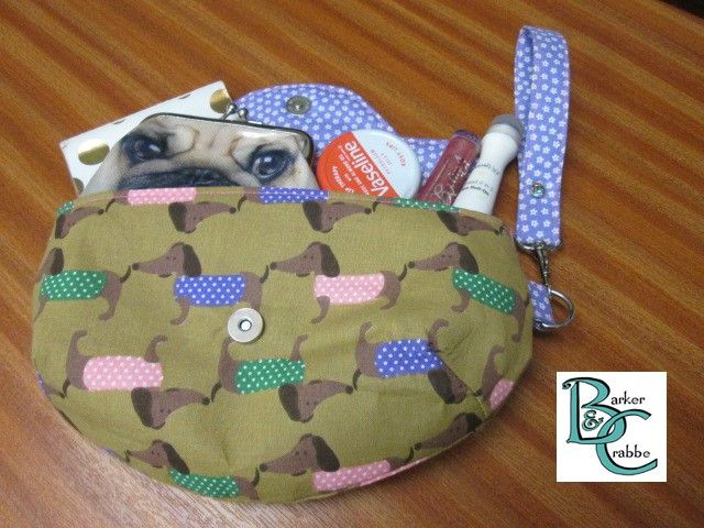 Clutch bag with scallop flap & wrist strap with bright dachshund print